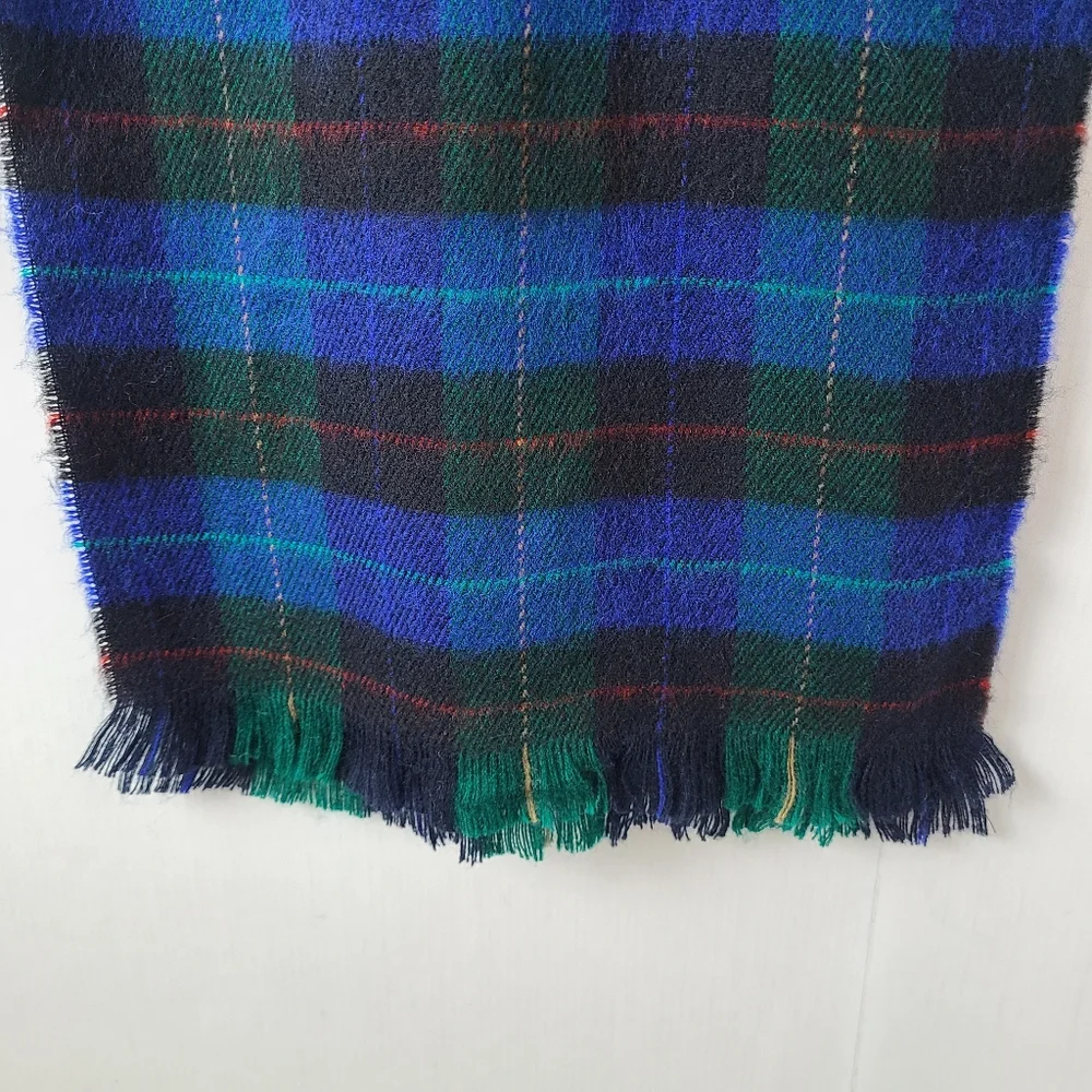 Christian Dior Blue Green Tartan Plaid Fringe Vintage Unisex Scarf